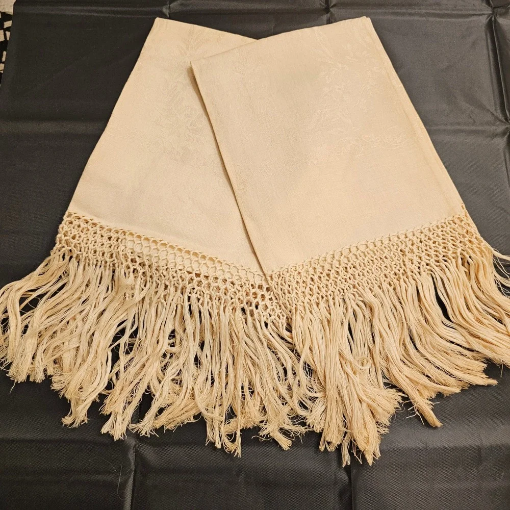 Vintage Cream Damask Show Linen Towels Runner Hand knot 6